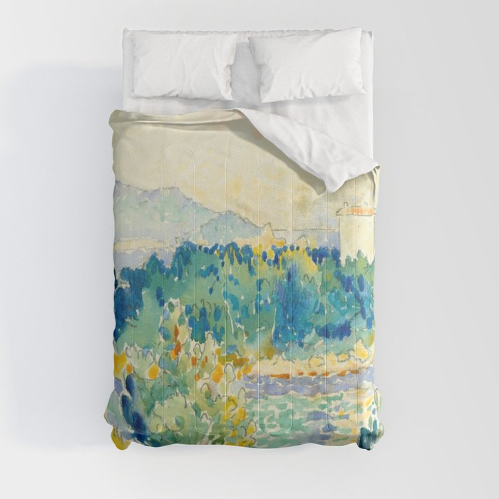 Mediterranean Landscape With a White House Watercolor Landscape Painting Comforter