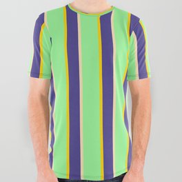 [ Thumbnail: Green, Yellow, Dark Slate Blue & Beige Colored Stripes/Lines Pattern All Over Graphic Tee ]