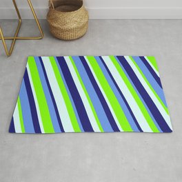 [ Thumbnail: Cornflower Blue, Chartreuse, Light Cyan, and Midnight Blue Colored Lined Pattern Rug ]