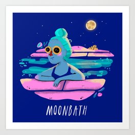 Moonbath Art Print | Illustration, Girlwithglasses, Sunglasses, Girlinswimsuit, Night, Graphicdesign, Moon, Soyasama, Sky, Swimmingpool 