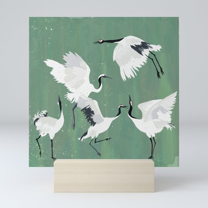 Dancing cranes - jade green Mini Art Print