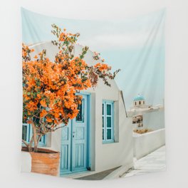 Greece Airbnb, Greece Photography Travel Digital Art, Scenic Landscape Architecture, White Building Wall Tapestry