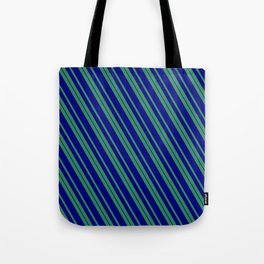 [ Thumbnail: Sea Green & Blue Colored Lines/Stripes Pattern Tote Bag ]
