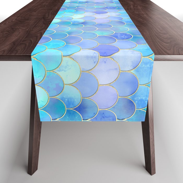 Aqua Pearlescent & Gold Mermaid Scale Pattern Table Runner by tanyadraws