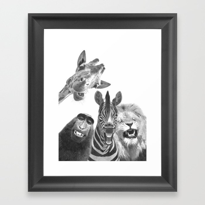 Black and White Jungle Animal Friends Framed Art Print