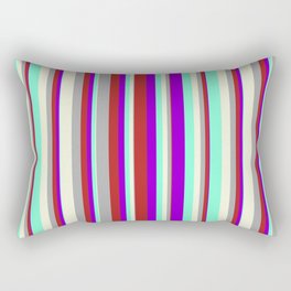 [ Thumbnail: Dark Violet, Red, Dark Grey, Beige & Aquamarine Colored Striped Pattern Rectangular Pillow ]