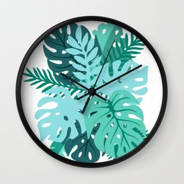 Blue and Green Tropical Leaves Wall Clock