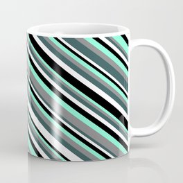 [ Thumbnail: Eyecatching Aquamarine, Gray, Dark Slate Gray, White & Black Colored Striped Pattern Coffee Mug ]