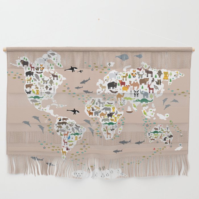 Cartoon world map for children, kids, Animals from all over the world, back to school, rosybrown Wall Hanging