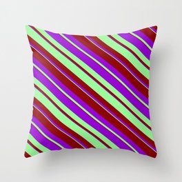 [ Thumbnail: Green, Dark Red & Dark Violet Colored Lined/Striped Pattern Throw Pillow ]