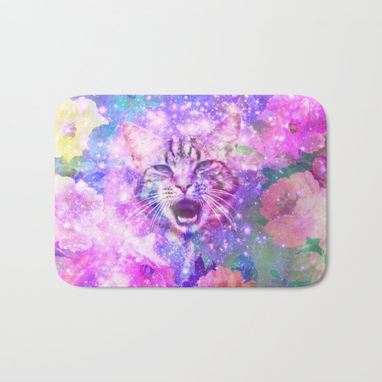 Space Cat | Girly Kitten Cat Romantic Floral Pink Nebula Space Bath Mat