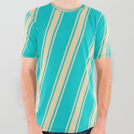 [ Thumbnail: Dark Turquoise and Tan Colored Stripes/Lines Pattern All Over Graphic Tee ]