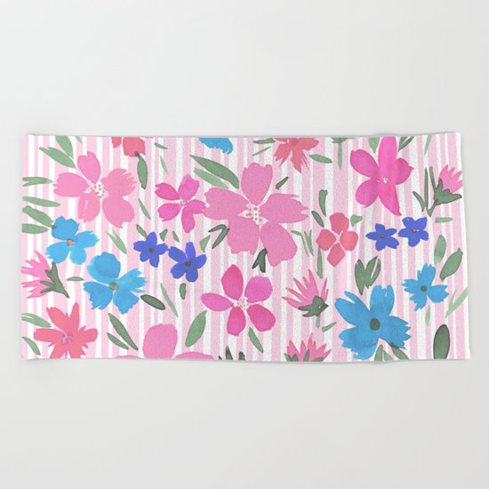 Floral Spring and Stripes Pink Beach Towel