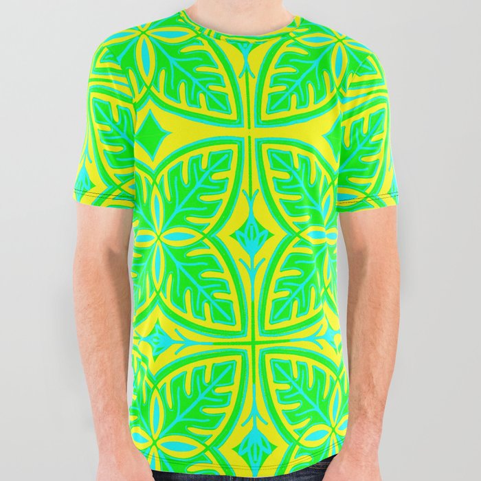 Retro Psychedelic Yellow and Green Tropical All Over Graphic Tee