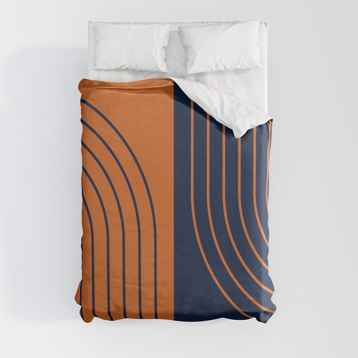 Abstract Geometric Rainbow Lines 10 in Navy Blue Orange Duvet Cover
