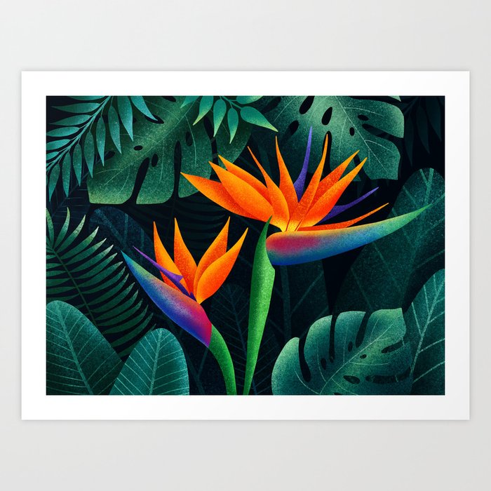 Bird of Paradise Vibrant Sunset-Colored Flowers + Tropical Palm Leaves Art Print