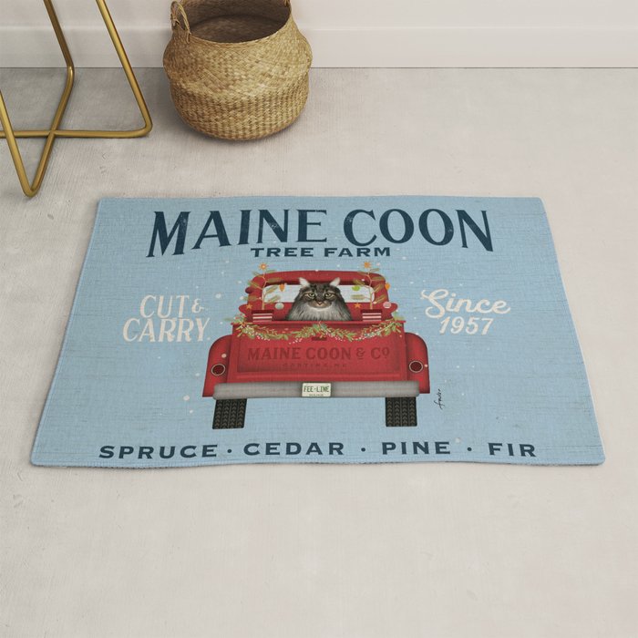 Maine Coon Cat Christmas Tree Farm Vintage Red Truck Rug by gemini studio art by Stephen Fowler