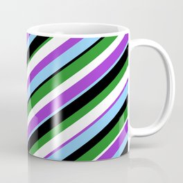 [ Thumbnail: Dark Orchid, Light Sky Blue, Black, Forest Green, and White Colored Lines Pattern Coffee Mug ]