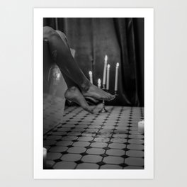 Let it all hang out; female portrait with candles in the bathtub black and white photograph - photography - photographs Art Print