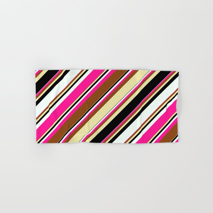 Vibrant Brown, Pale Goldenrod, Black, Mint Cream & Deep Pink Colored Lined/Striped Pattern Hand & Bath Towel