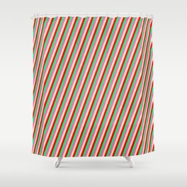 [ Thumbnail: Hot Pink, Bisque, Red, and Green Colored Pattern of Stripes Shower Curtain ]