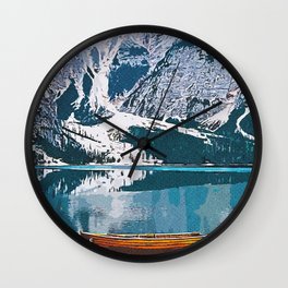 Gray Mountain Covered With Snow Near Body Of Water Wall Clock