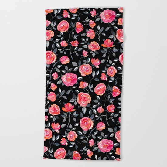 Roses on Black - a watercolor floral pattern Beach Towel