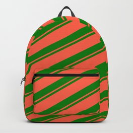 [ Thumbnail: Green & Red Colored Pattern of Stripes Backpack ]