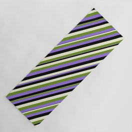 [ Thumbnail: Green, Purple, Black & Beige Colored Lined Pattern Yoga Mat ]