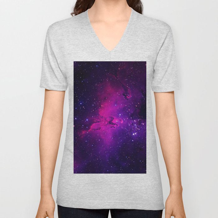 A beautiful, bright space nebula.  V Neck T Shirt