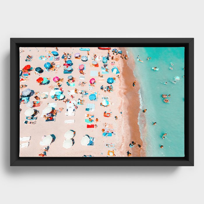 Coastal Beach Print, Aerial Ocean Beach Art Print, Summer Umbrellas On Beach, Holiday Time, Hot Sand Framed Canvas