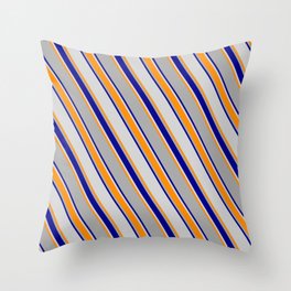 [ Thumbnail: Dark Grey, Dark Blue, Light Gray & Dark Orange Colored Lines/Stripes Pattern Throw Pillow ]