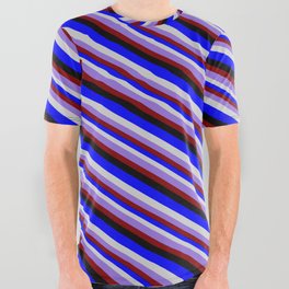 [ Thumbnail: Colorful Blue, Light Gray, Purple, Maroon, and Black Colored Stripes/Lines Pattern All Over Graphic Tee ]