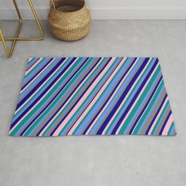 [ Thumbnail: Dark Cyan, Cornflower Blue, Grey, Blue & Pink Colored Stripes/Lines Pattern Rug ]