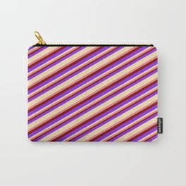 [ Thumbnail: Purple, Beige, Light Coral & Maroon Colored Lined/Striped Pattern Carry-All Pouch ]