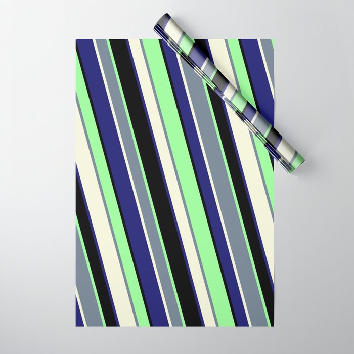 Vibrant Slate Gray, Beige, Midnight Blue, Black, and Green Colored Stripes/Lines Pattern Wrapping Paper