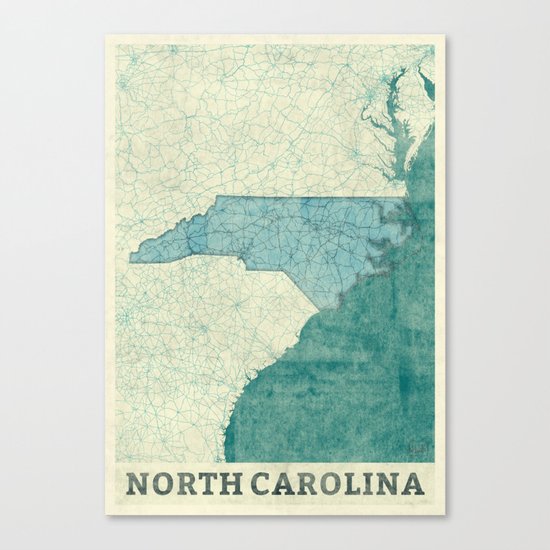 North Carolina State Map Blue Vintage Canvas Print