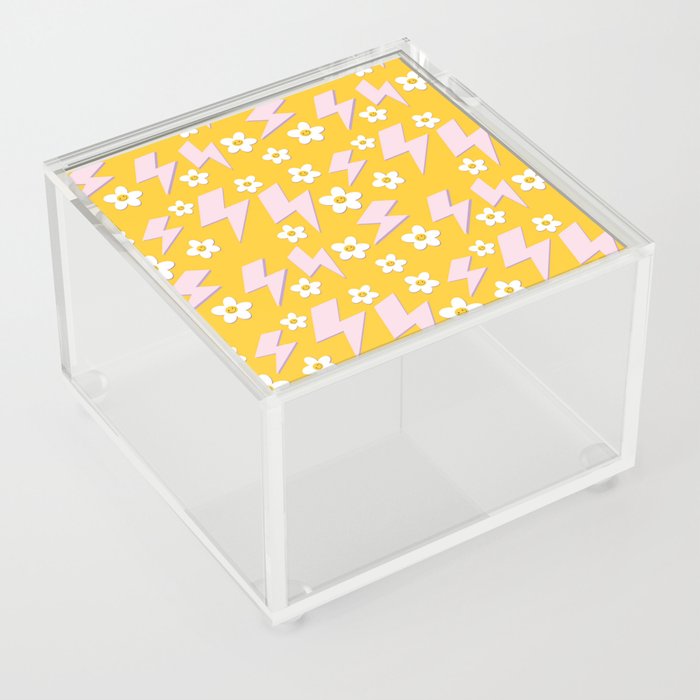 Bright pattern with flowers and lightning. Hippie style pattern on a yellow background Y2k 90s style Acrylic Box