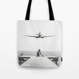 Steady As She Goes; aircraft coming in for an island landing black and white photography- photographs Tote Bag