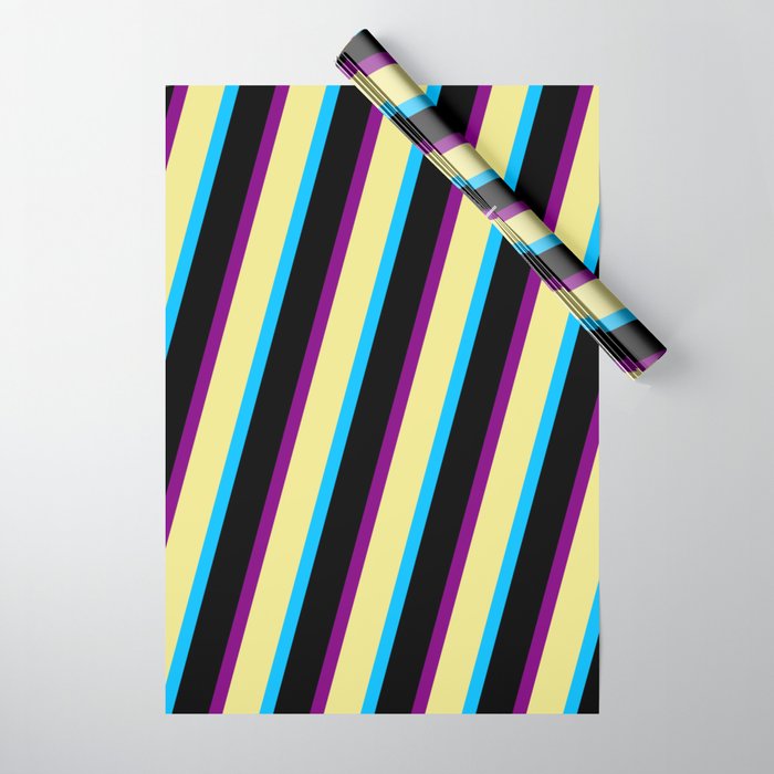 Tan, Deep Sky Blue, Black, and Purple Colored Striped Pattern Wrapping Paper