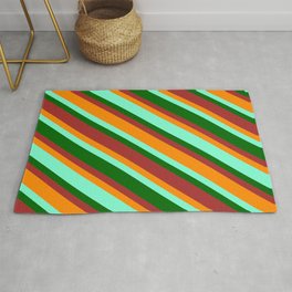 [ Thumbnail: Aquamarine, Dark Green, Brown & Dark Orange Colored Pattern of Stripes Rug ]