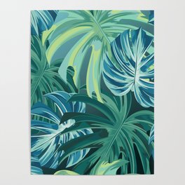 Tropical Monstera Palm Leaves on Teal Poster