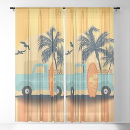 Retro Surfer Pick-up Truck Summer Palm Tree Sheer Curtain