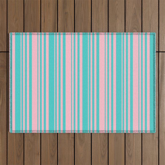 Turquoise and Pink Colored Lines/Stripes Pattern Outdoor Rug
