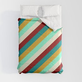 [ Thumbnail: Eye-catching Dark Cyan, Goldenrod, Aquamarine, Beige, and Dark Red Colored Lined Pattern Comforter ]