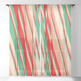 [ Thumbnail: Red, Sea Green, Bisque & Light Salmon Colored Lines/Stripes Pattern Sheer Curtain ]
