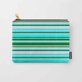 [ Thumbnail: Cyan, Dark Green & Lavender Colored Lined/Striped Pattern Carry-All Pouch ]