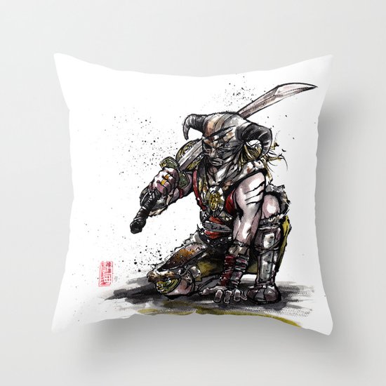 Dragonborn of Skyrim Japanese sumie style Throw Pillow