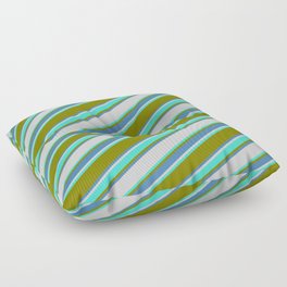 [ Thumbnail: Green, Blue, Light Gray & Turquoise Colored Striped Pattern Floor Pillow ]