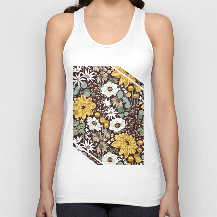Boho garden // expresso brown background sage green yellow ivory and white flowers  Tank Top